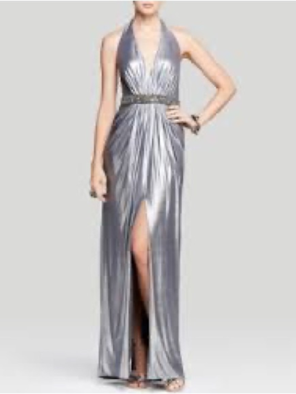 NWT Aidan Mattox Gown - Plunge V-Neck Halter Neck Metallic Beaded Waist